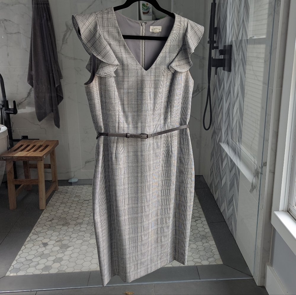 Tahari Gray Sheath Dress with Flutter Cap Sleeves